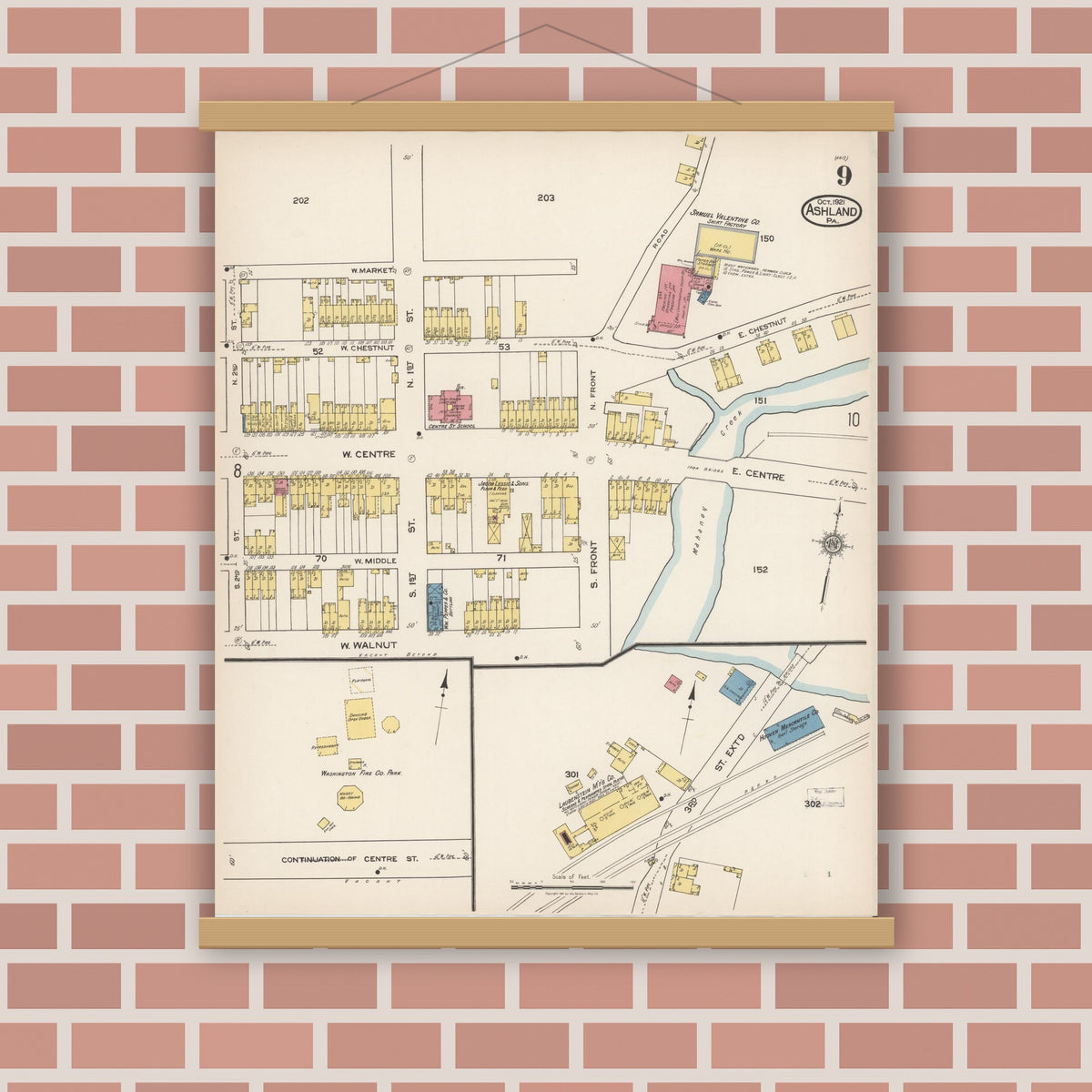 Old map wall art mockup — magnetic wood frame on brick wall — Sanborn Fire Insurance Map from Ashland, Schuylkill County, Pennsylvania (1921), Sheet #0009