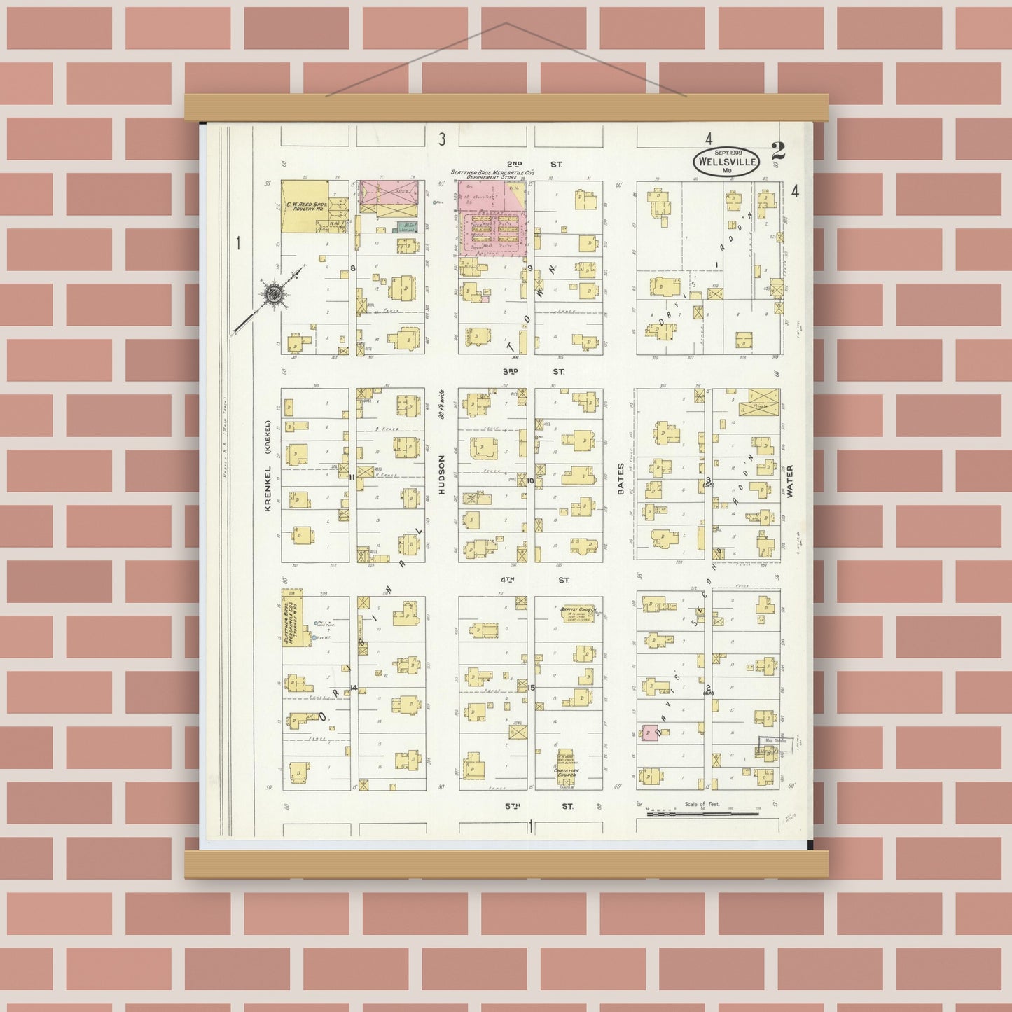 Old map wall art mockup — magnetic wood frame on brick wall — Sanborn Fire Insurance Map from Wellsville, Montgomery County, Missouri (1909), Sheet #0002