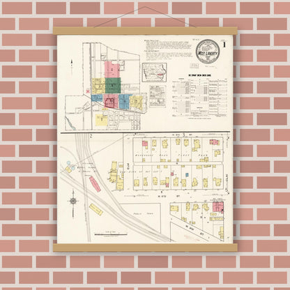 Old map wall art mockup — magnetic wood frame on brick wall — Sanborn Fire Insurance Map from West Liberty, Muscatine County, Iowa (1922), Sheet #0001