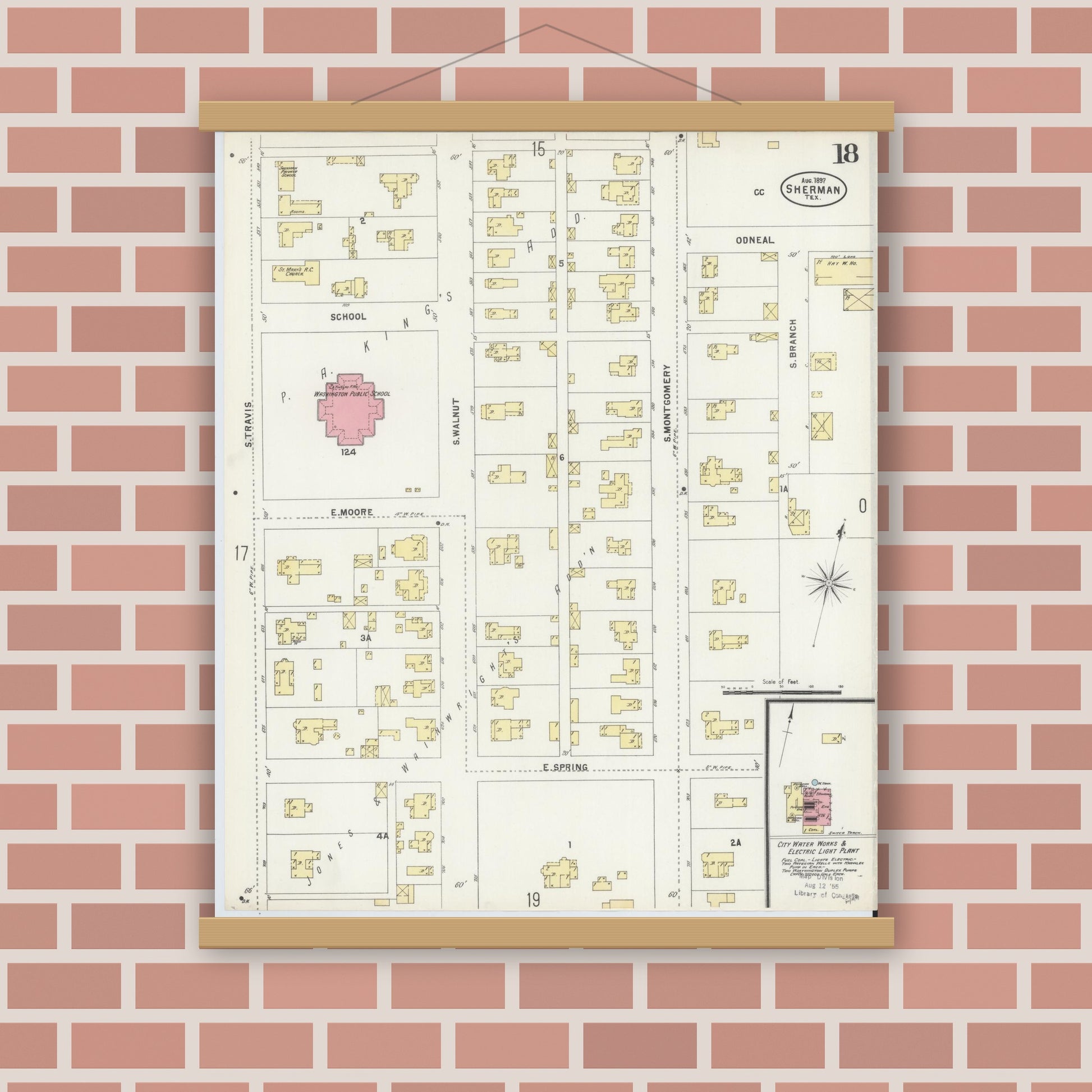 Old map wall art mockup — magnetic wood frame on brick wall — Sanborn Fire Insurance Map from Sherman, Grayson County, Texas (1897), Sheet #0018
