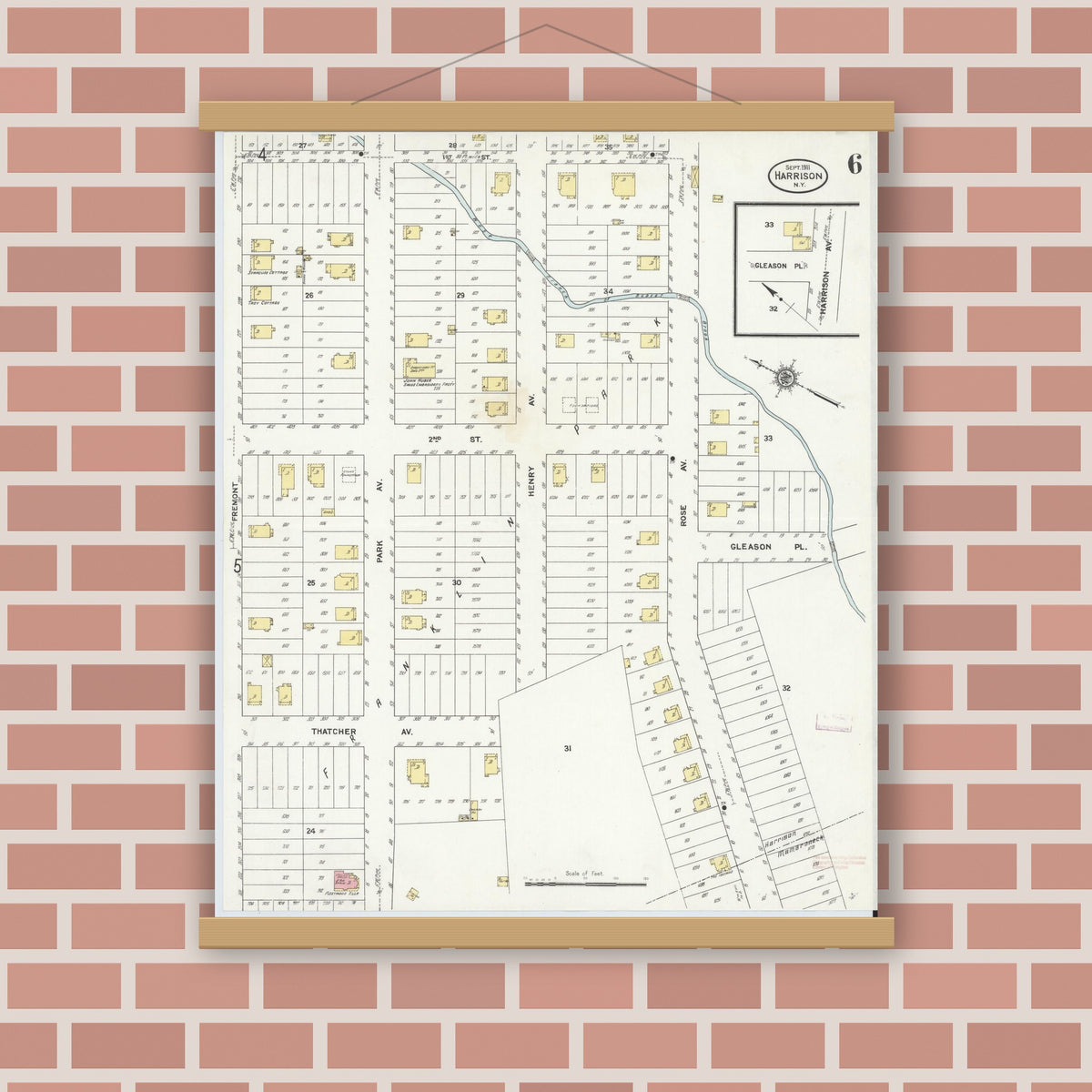 Old map wall art mockup — magnetic wood frame on brick wall — Sanborn Fire Insurance Map from Harrison, Westchester County, New York (1911), Sheet #0006