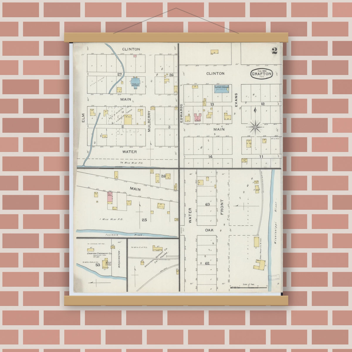 Old map wall art mockup — magnetic wood frame on brick wall — Sanborn Fire Insurance Map from Grafton, Jersey County, Illinois (1894), Sheet #0002