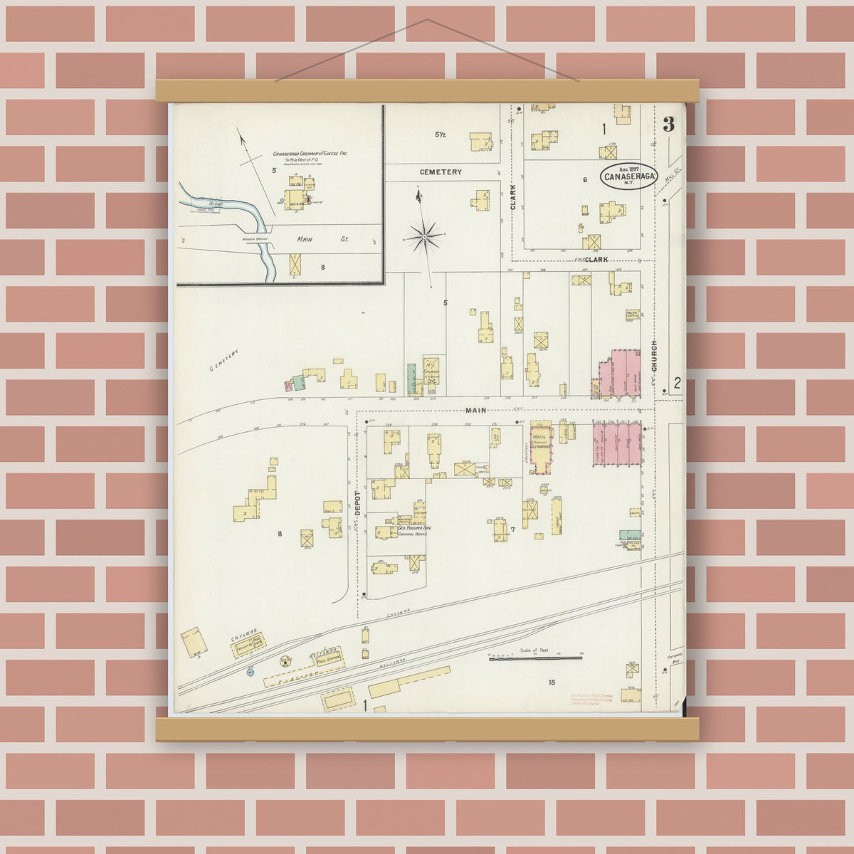 Old map wall art mockup — magnetic wood frame on brick wall — Sanborn Fire Insurance Map from Canaseraga, Allegany County, New York (1897), Sheet #0003