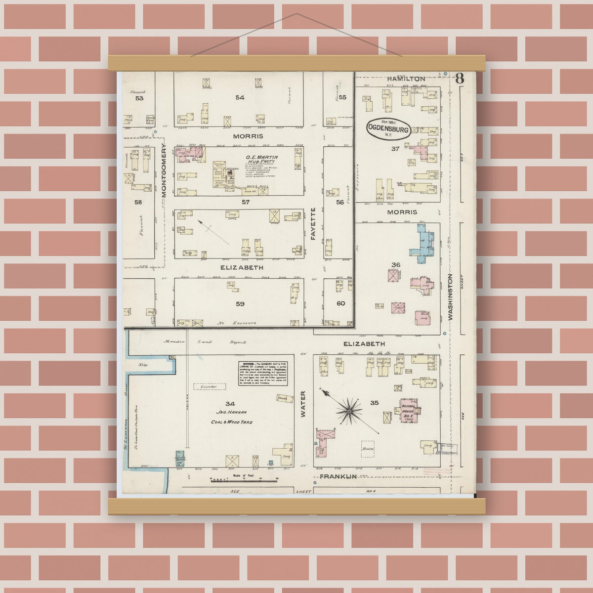 Old map wall art mockup — magnetic wood frame on brick wall — Sanborn Fire Insurance Map from Ogdensburg, St. Lawrence County, New York (1884), Sheet #0008