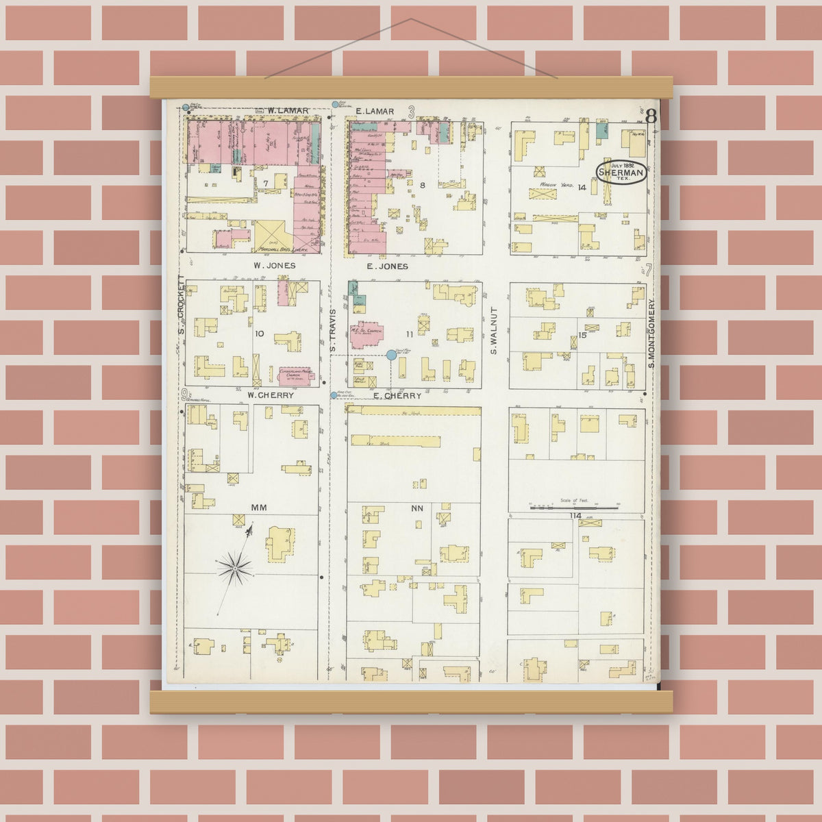 Old map wall art mockup — magnetic wood frame on brick wall — Sanborn Fire Insurance Map from Sherman, Grayson County, Texas (1892), Sheet #0008