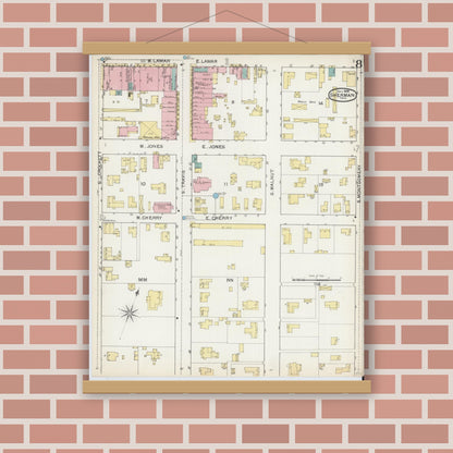 Old map wall art mockup — magnetic wood frame on brick wall — Sanborn Fire Insurance Map from Sherman, Grayson County, Texas (1892), Sheet #0008