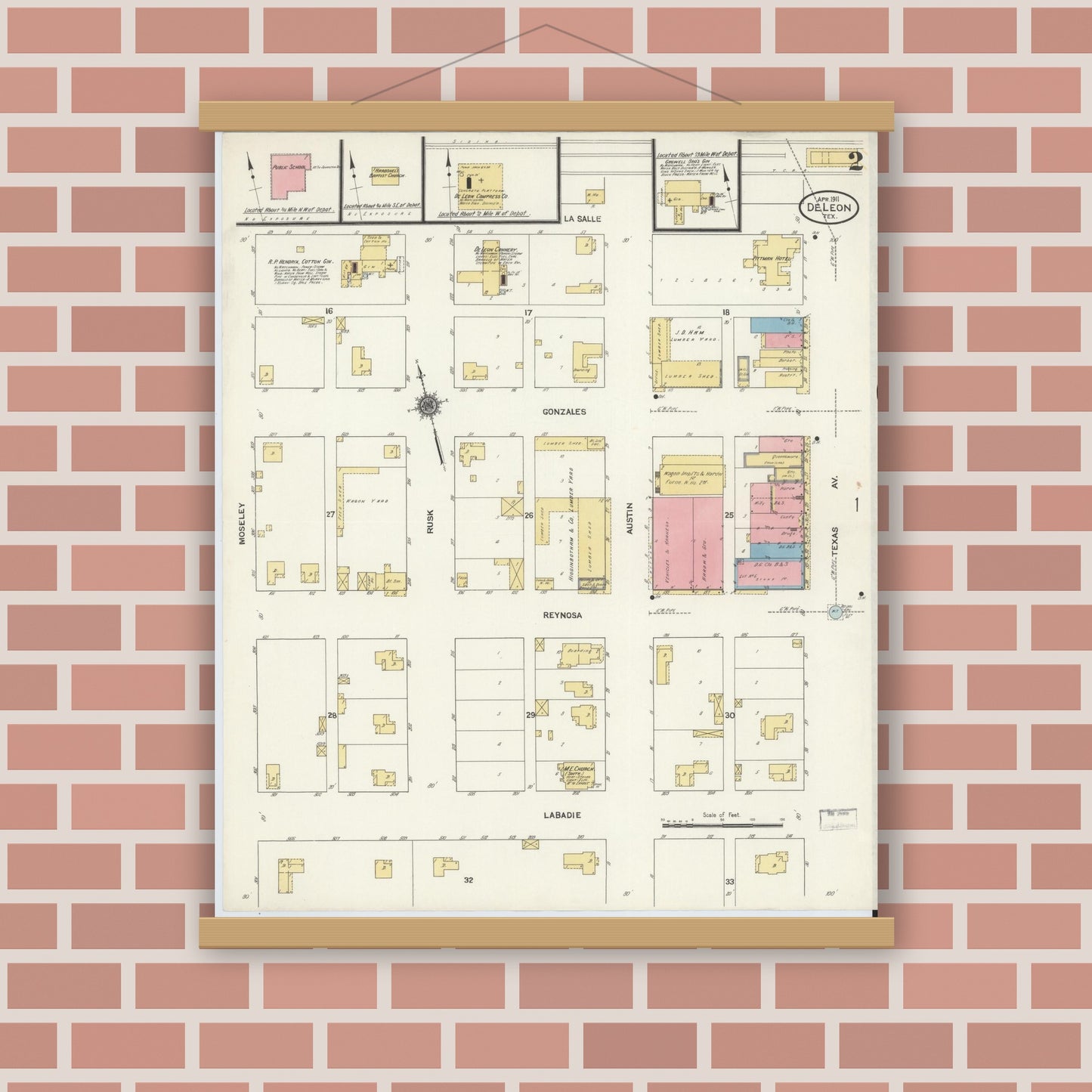 Old map wall art mockup — magnetic wood frame on brick wall — Sanborn Fire Insurance Map from De Leon, Comanche County, Texas (1911), Sheet #0002