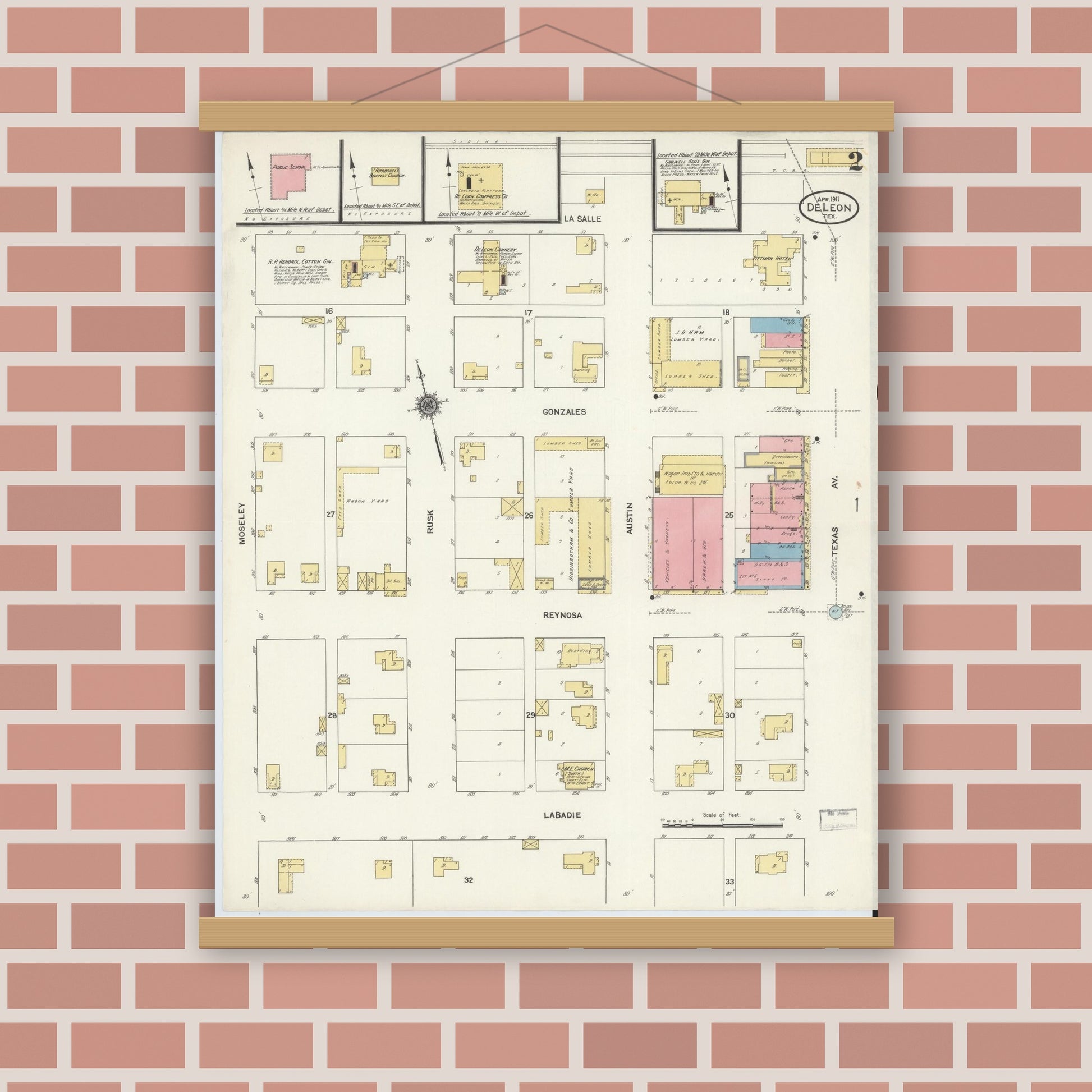Old map wall art mockup — magnetic wood frame on brick wall — Sanborn Fire Insurance Map from De Leon, Comanche County, Texas (1911), Sheet #0002