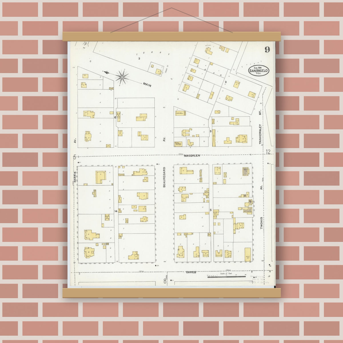 Old map wall art mockup — magnetic wood frame on brick wall — Sanborn Fire Insurance Map from San Angelo, Tom Green County, Texas (1904), Sheet #0009