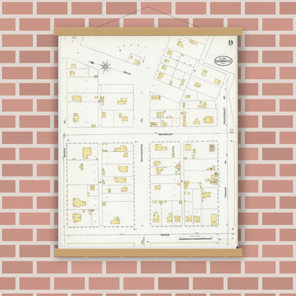 Old map wall art mockup — magnetic wood frame on brick wall — Sanborn Fire Insurance Map from San Angelo, Tom Green County, Texas (1904), Sheet #0009
