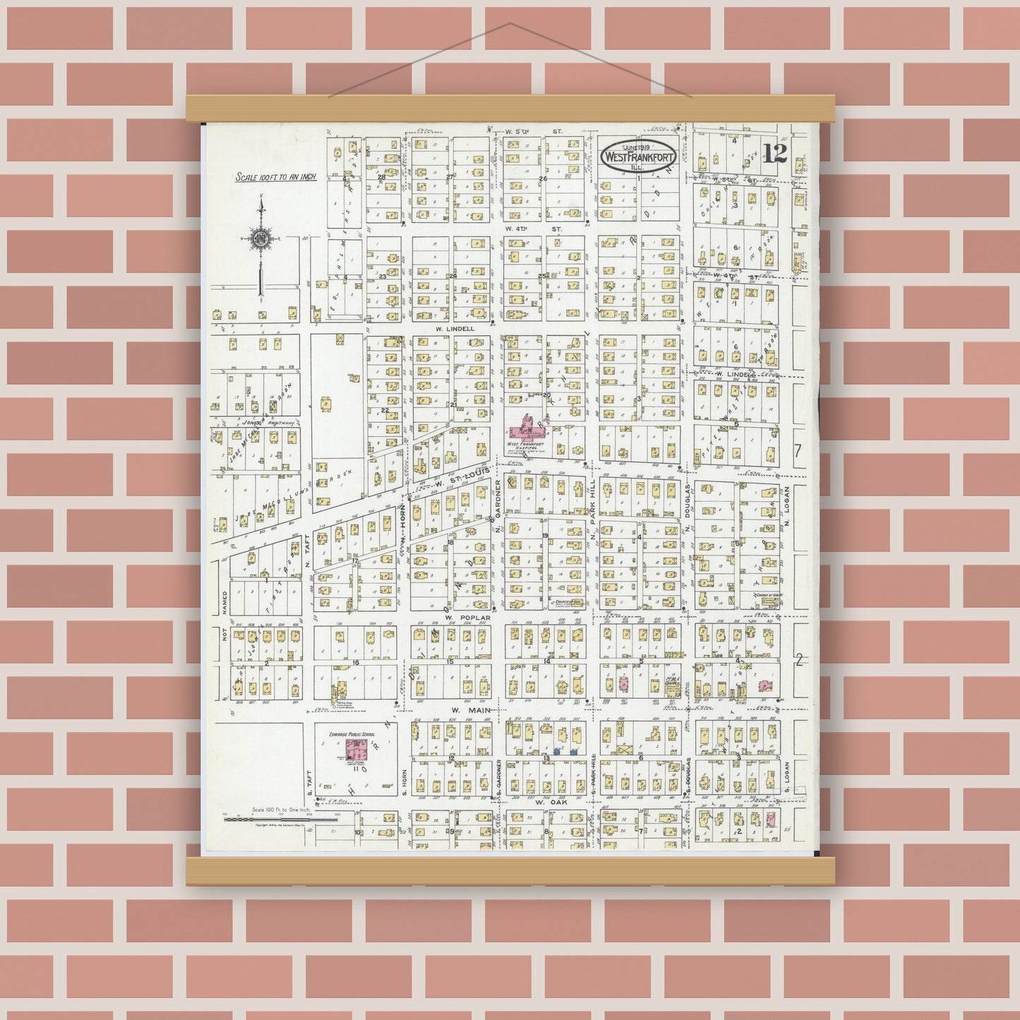Old map wall art mockup — magnetic wood frame on brick wall — Sanborn Fire Insurance Map from West Frankfort, Franklin County, Illinois (1919), Sheet #0012