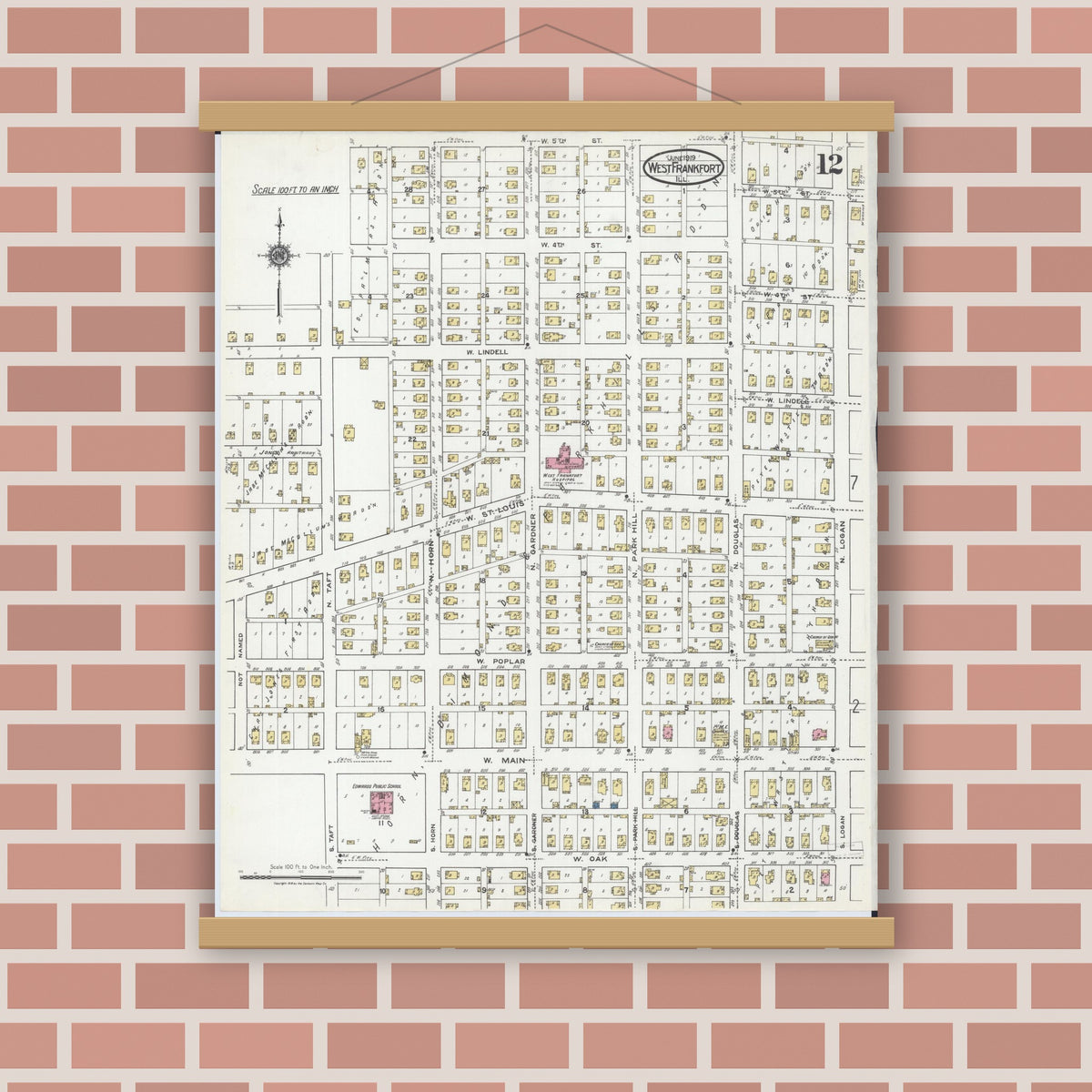 Old map wall art mockup — magnetic wood frame on brick wall — Sanborn Fire Insurance Map from West Frankfort, Franklin County, Illinois (1919), Sheet #0012