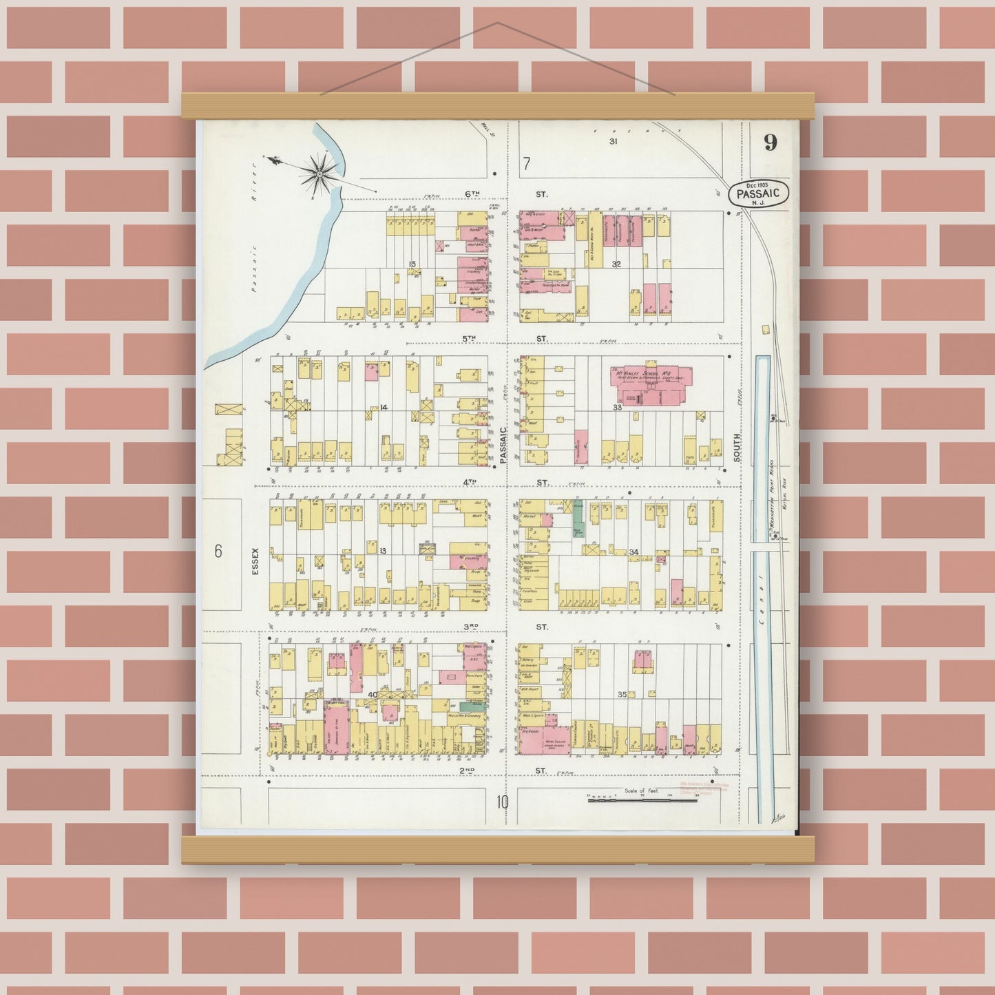 Old map wall art mockup — magnetic wood frame on brick wall — Sanborn Fire Insurance Map from Passaic, Passaic County, New Jersey (1903), Sheet #0009