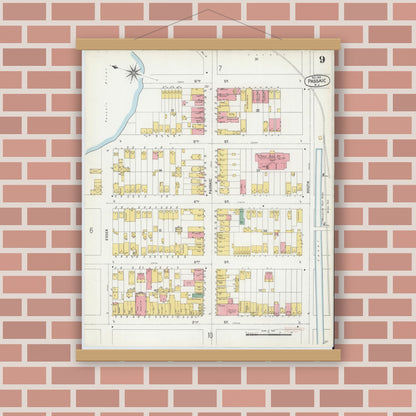 Old map wall art mockup — magnetic wood frame on brick wall — Sanborn Fire Insurance Map from Passaic, Passaic County, New Jersey (1903), Sheet #0009
