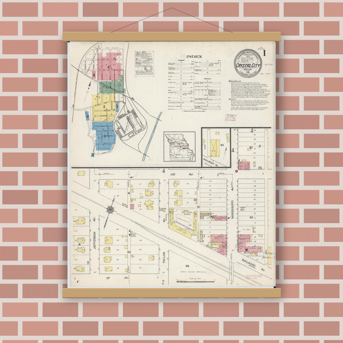 Old map wall art mockup — magnetic wood frame on brick wall — Sanborn Fire Insurance Map from Crystal City, Jefferson County, Missouri (1915) - Complete Map Set