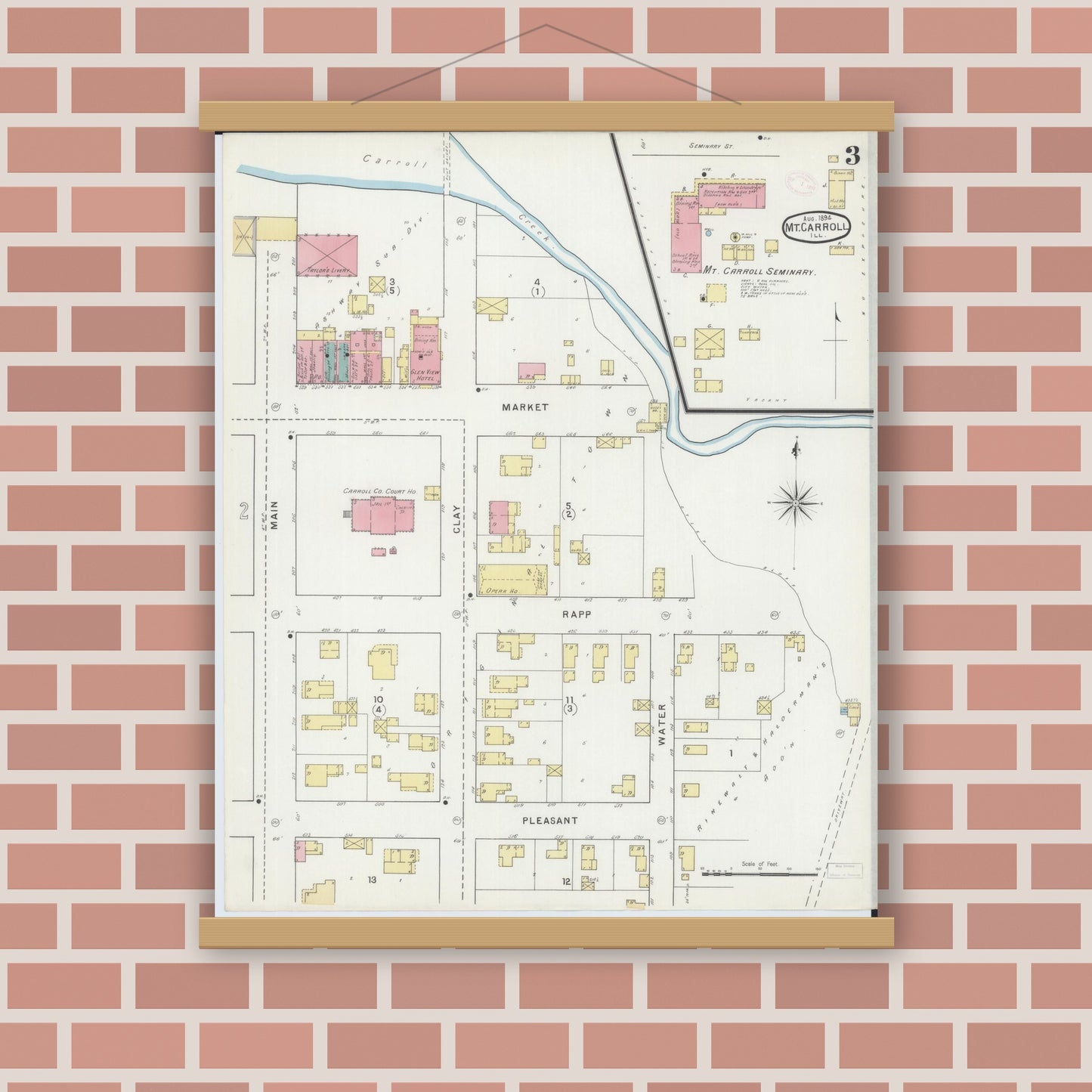 Old map wall art mockup — magnetic wood frame on brick wall — Sanborn Fire Insurance Map from Mount Carroll, Carroll County, Illinois (1894), Sheet #0003
