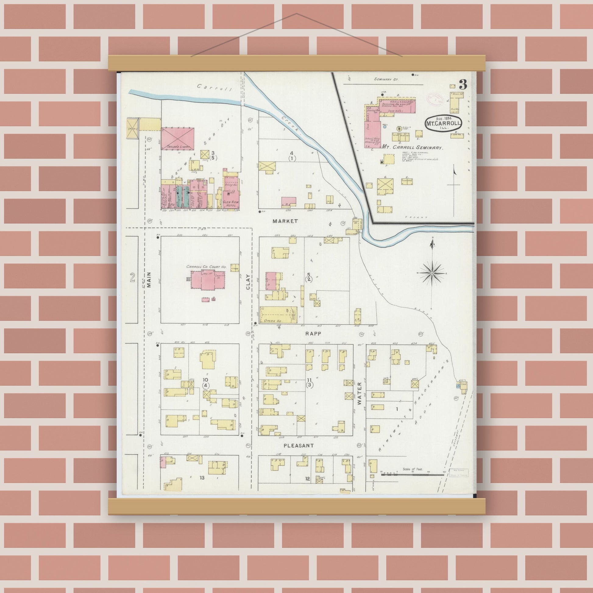 Old map wall art mockup — magnetic wood frame on brick wall — Sanborn Fire Insurance Map from Mount Carroll, Carroll County, Illinois (1894), Sheet #0003