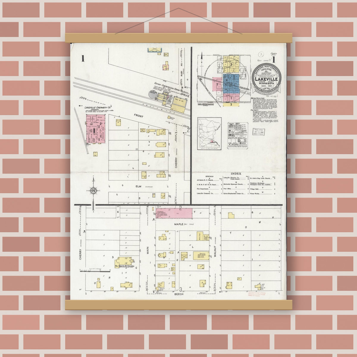 Old map wall art mockup — magnetic wood frame on brick wall — Sanborn Fire Insurance Map from Lakeville, Dakota County, Minnesota (1930) - Complete Map Set