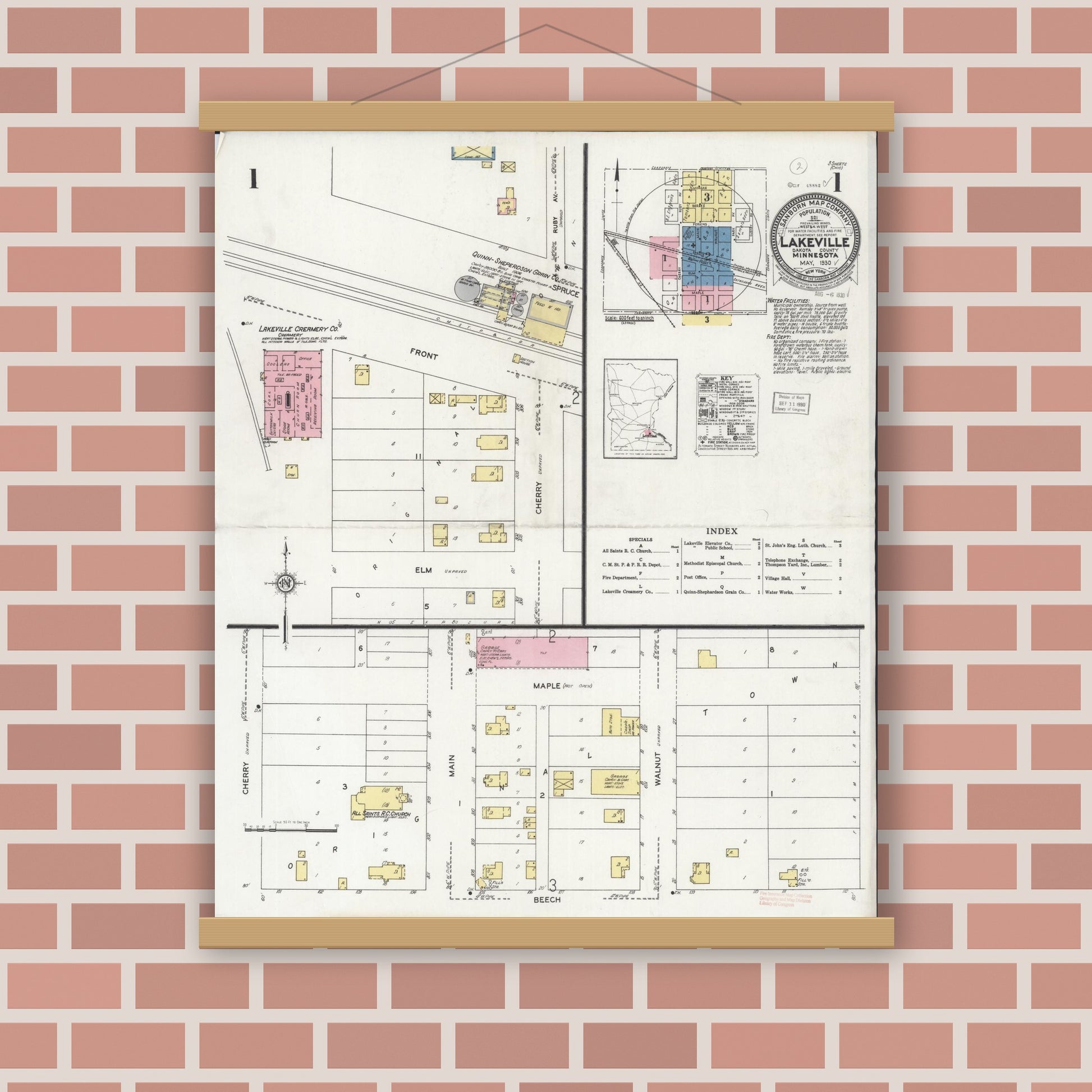Old map wall art mockup — magnetic wood frame on brick wall — Sanborn Fire Insurance Map from Lakeville, Dakota County, Minnesota (1930) - Complete Map Set