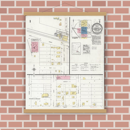 Old map wall art mockup — magnetic wood frame on brick wall — Sanborn Fire Insurance Map from Lakeville, Dakota County, Minnesota (1930) - Complete Map Set