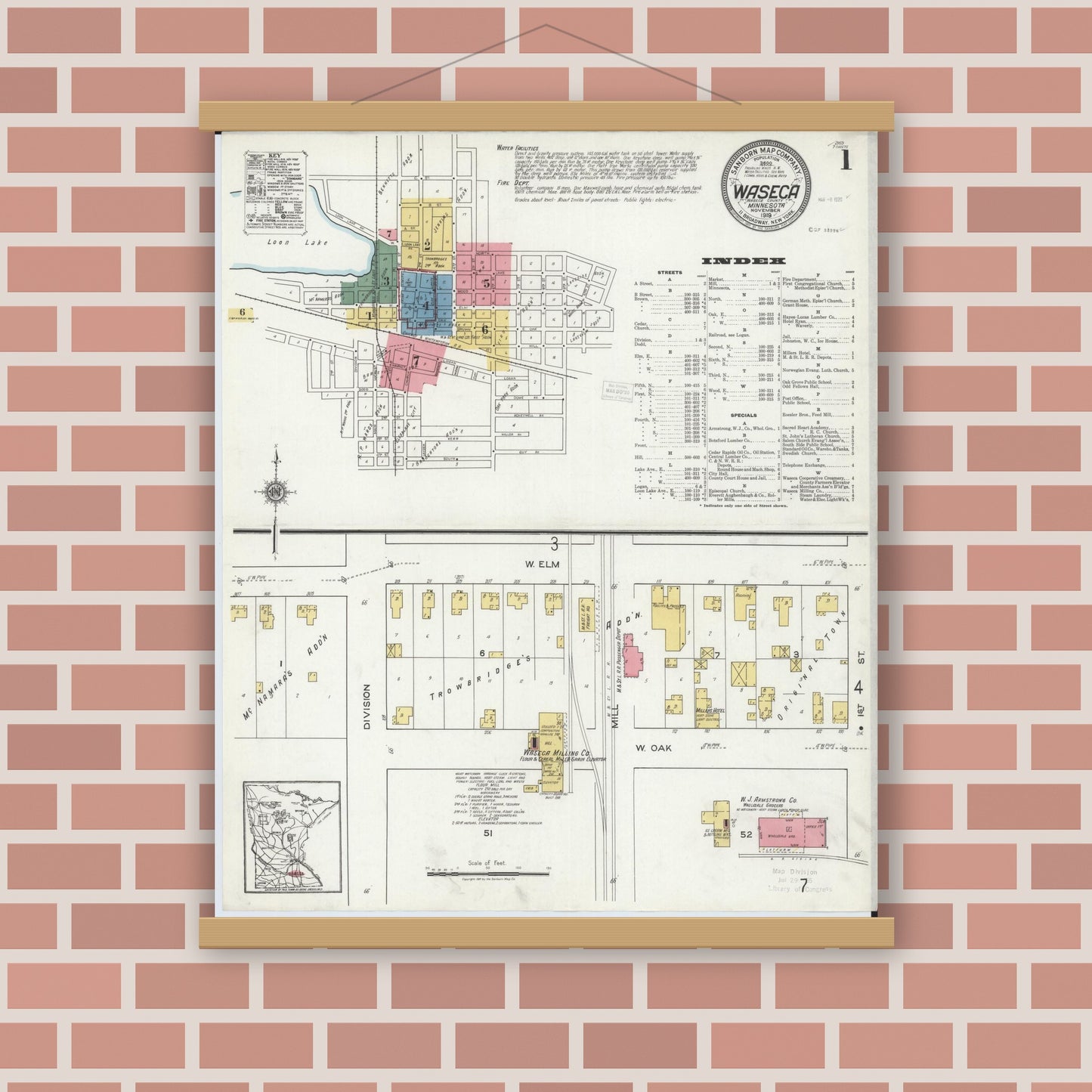 Old map wall art mockup — magnetic wood frame on brick wall — Sanborn Fire Insurance Map from Waseca, Waseca County, Minnesota (1919), Sheet #0001
