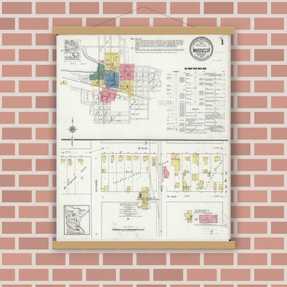 Old map wall art mockup — magnetic wood frame on brick wall — Sanborn Fire Insurance Map from Waseca, Waseca County, Minnesota (1919), Sheet #0001