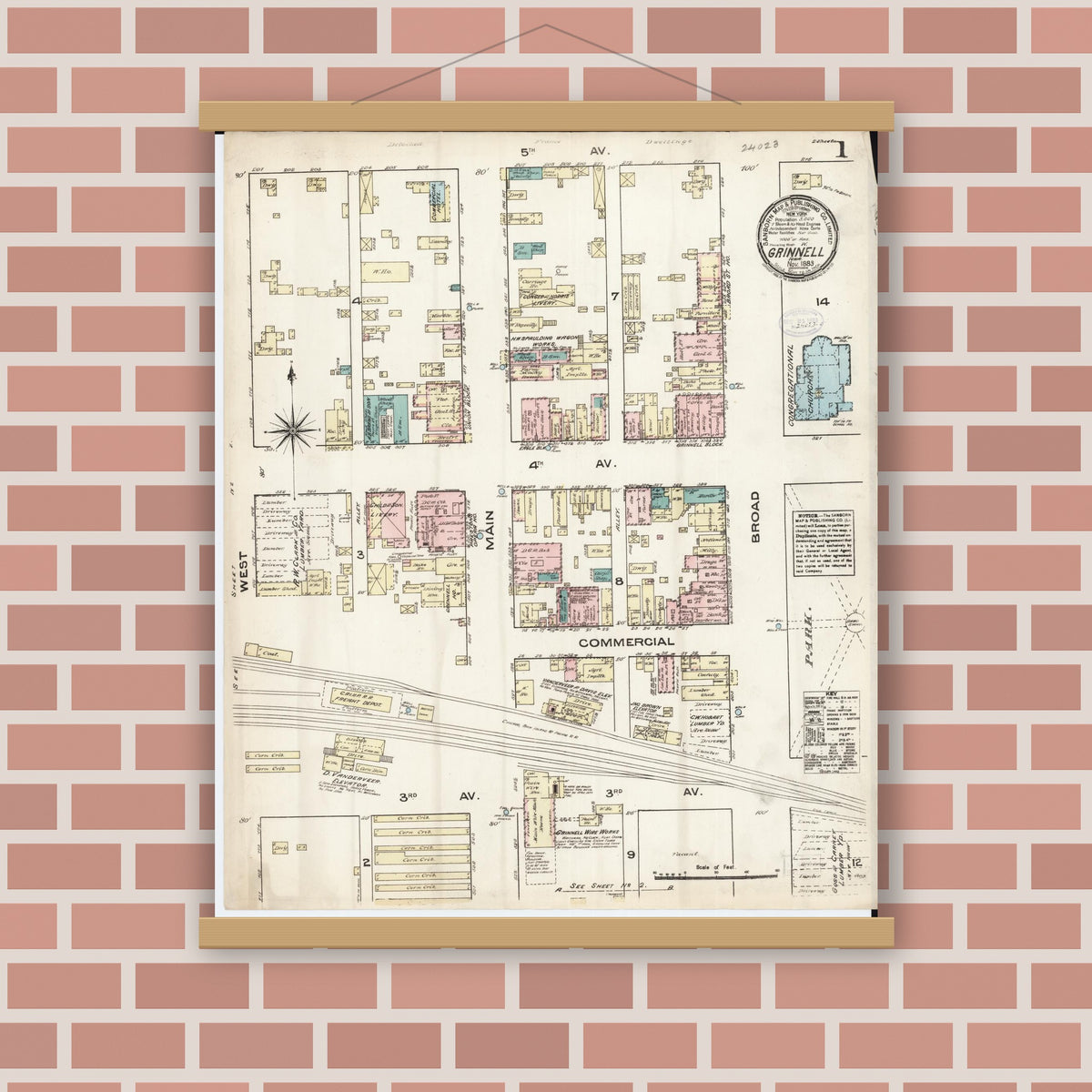 Old map wall art mockup — magnetic wood frame on brick wall — Sanborn Fire Insurance Map from Grinnell, Poweshiek County, Iowa (1883), Sheet #0001