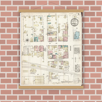 Old map wall art mockup — magnetic wood frame on brick wall — Sanborn Fire Insurance Map from Grinnell, Poweshiek County, Iowa (1883), Sheet #0001
