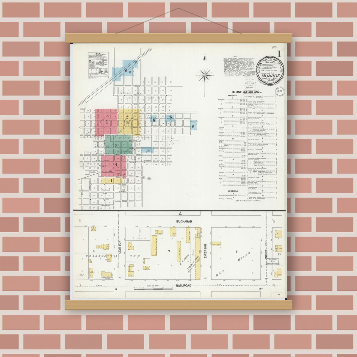 Old map wall art mockup — magnetic wood frame on brick wall — Sanborn Fire Insurance Map from Monroe, Green County, Wisconsin (1900) - Complete Map Set
