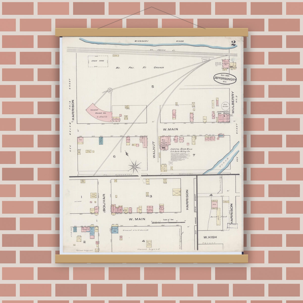 Old map wall art mockup — magnetic wood frame on brick wall — Sanborn Fire Insurance Map from Jefferson City, Cole County, Missouri (1885), Sheet #0002