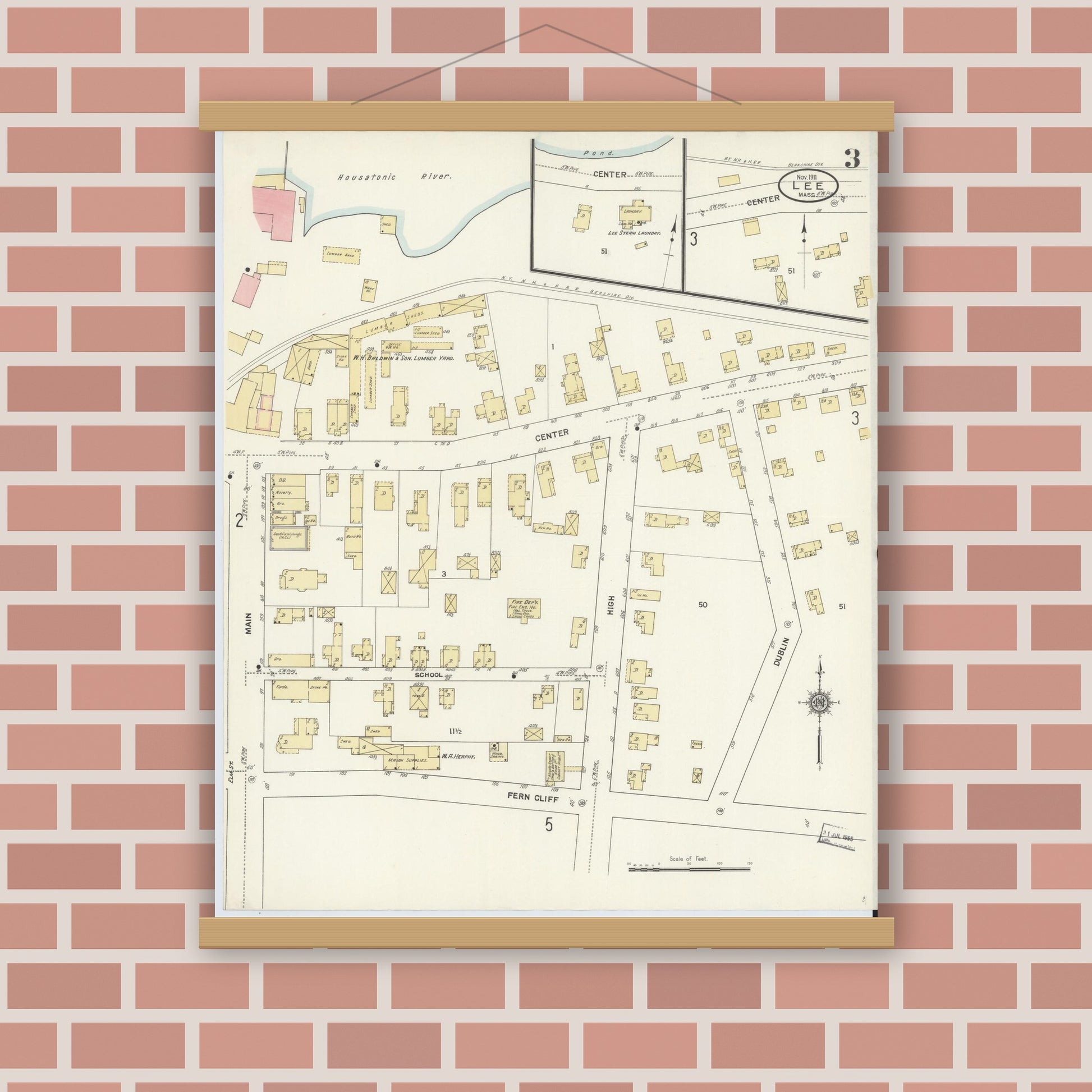 Old map wall art mockup — magnetic wood frame on brick wall — Sanborn Fire Insurance Map from Lee, Berkshire County, Massachusetts (1911), Sheet #0003
