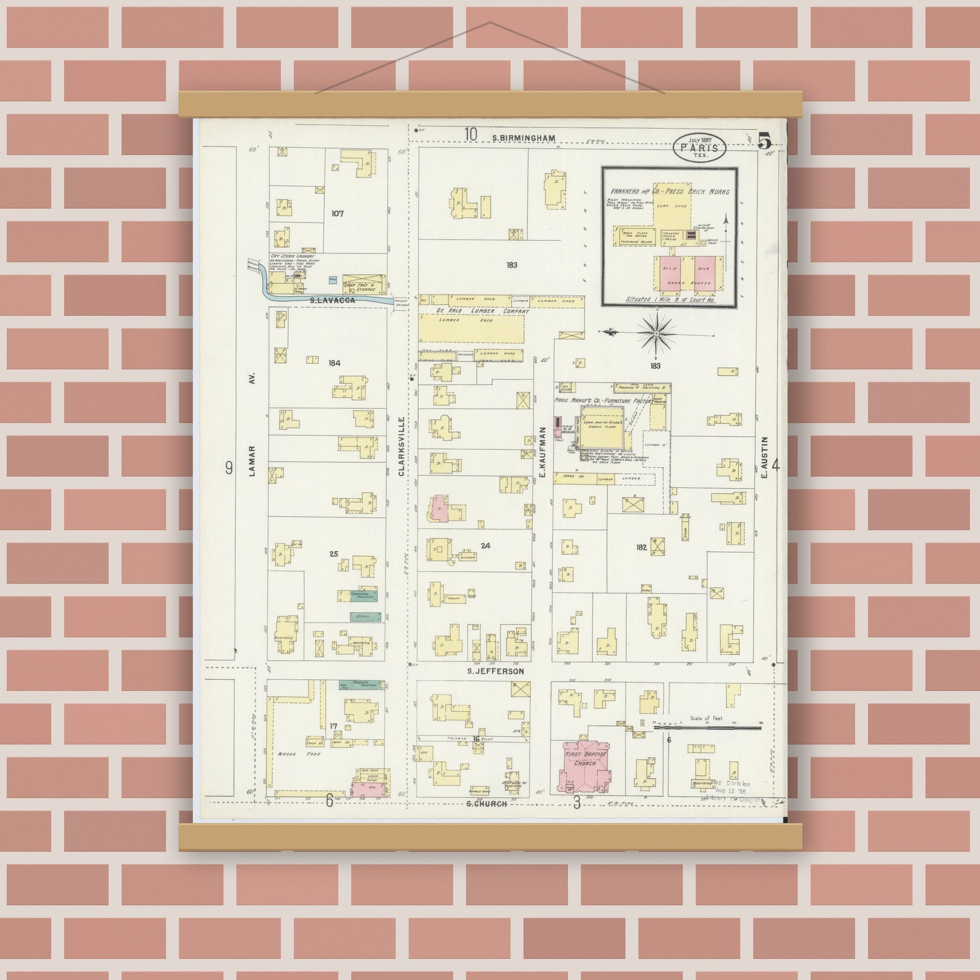 Old map wall art mockup — magnetic wood frame on brick wall — Sanborn Fire Insurance Map from Paris, Lamar County, Texas (1897), Sheet #0005