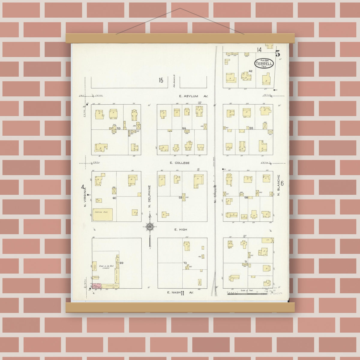 Old map wall art mockup — magnetic wood frame on brick wall — Sanborn Fire Insurance Map from Terrell, Kaufman County, Texas (1914), Sheet #0005
