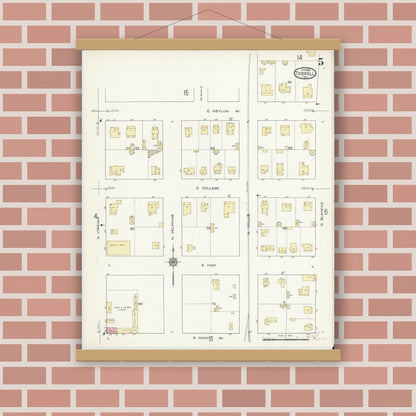Old map wall art mockup — magnetic wood frame on brick wall — Sanborn Fire Insurance Map from Terrell, Kaufman County, Texas (1914), Sheet #0005
