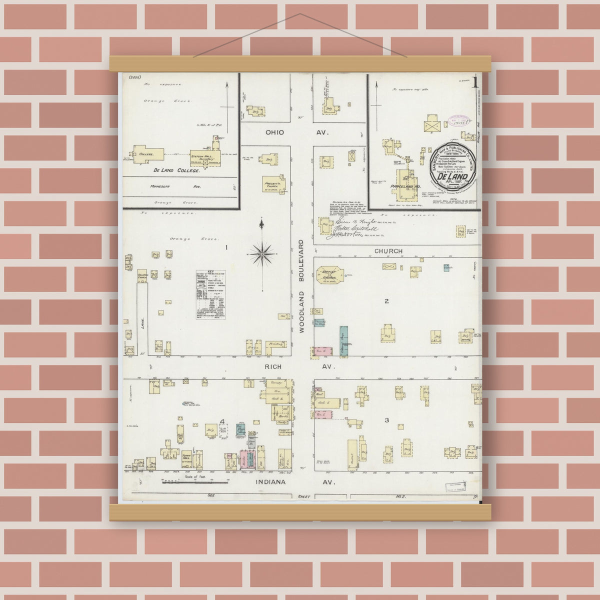 Old map wall art mockup — magnetic wood frame on brick wall — Sanborn Fire Insurance Map from De Land, Volusia County, Florida (1887) - Complete Map Set