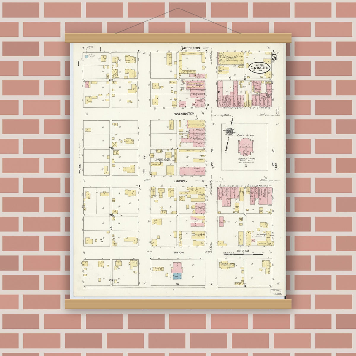 Old map wall art mockup — magnetic wood frame on brick wall — Sanborn Fire Insurance Map from Covington, Fountain County, Indiana (1910), Sheet #0005