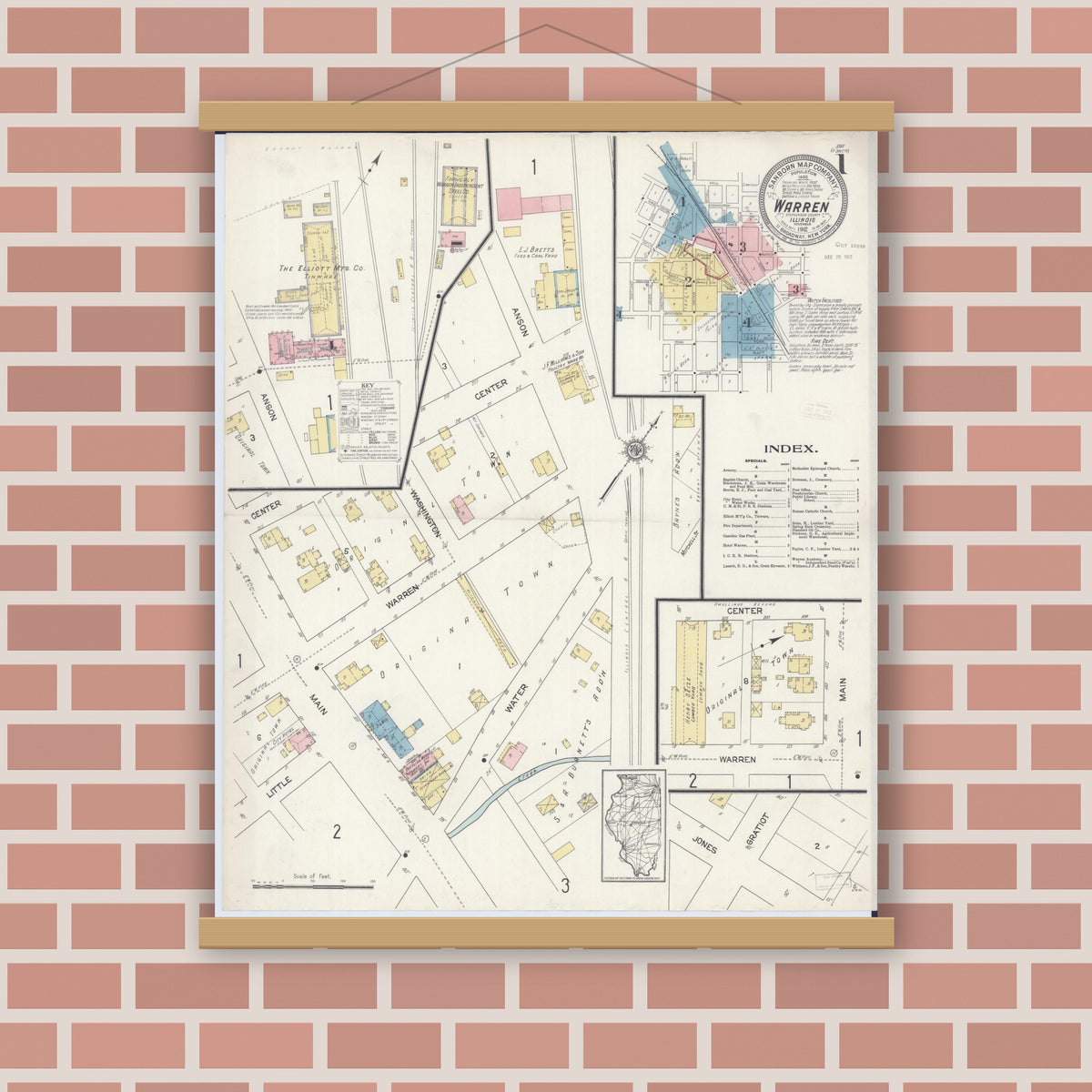 Old map wall art mockup — magnetic wood frame on brick wall — Sanborn Fire Insurance Map from Warren, Jo Daviess County, Illinois (1912), Sheet #0001