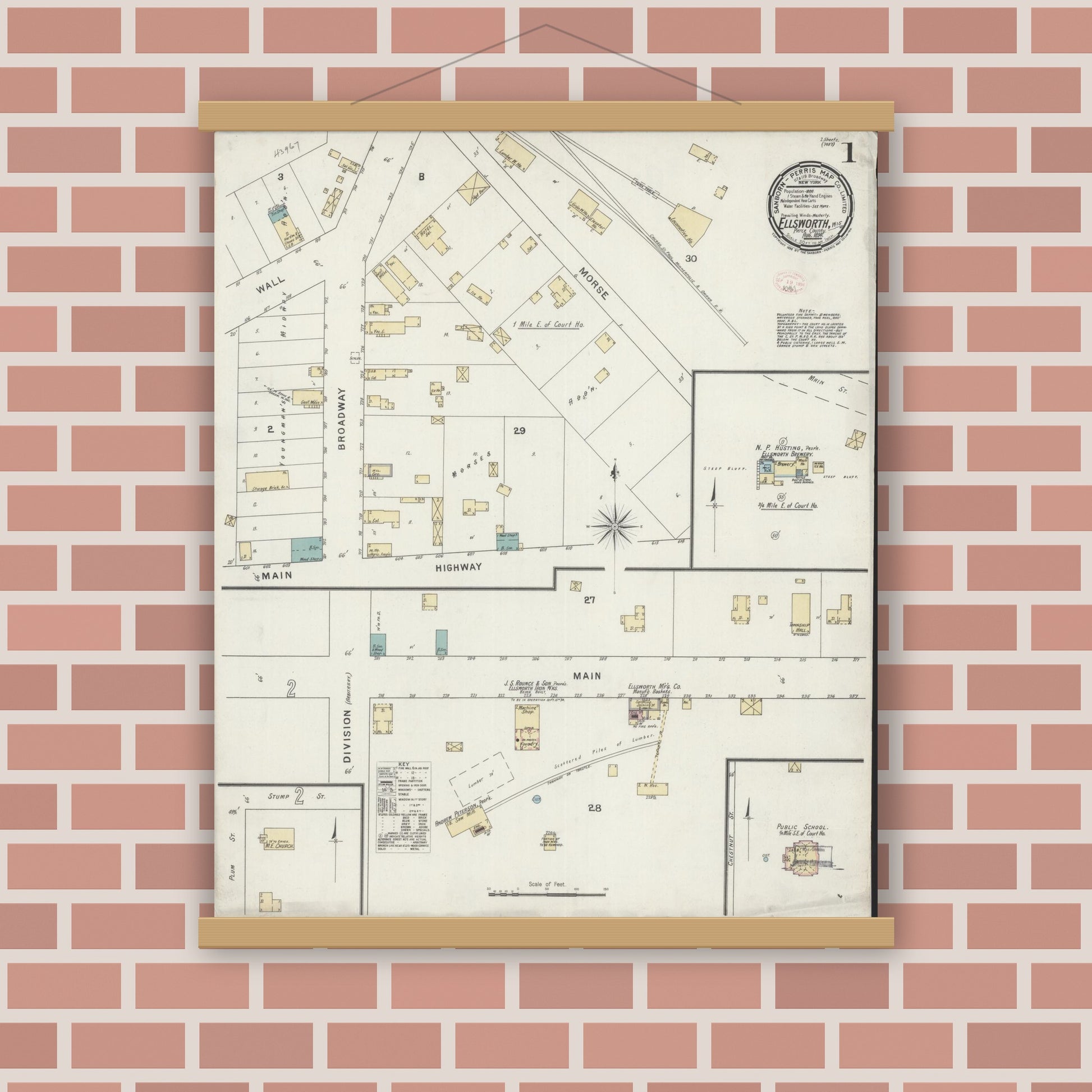 Old map wall art mockup — magnetic wood frame on brick wall — Sanborn Fire Insurance Map from Ellsworth, Pierce County, Wisconsin (1894) - Complete Map Set