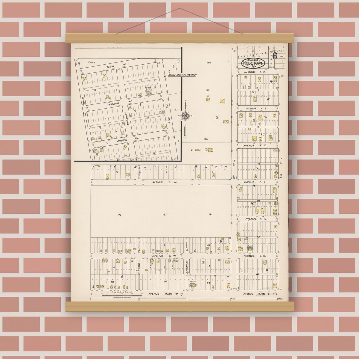 Old map wall art mockup — magnetic wood frame on brick wall — Sanborn Fire Insurance Map from Robstown, Nueces County, Texas (1922), Sheet #0006