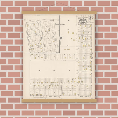 Old map wall art mockup — magnetic wood frame on brick wall — Sanborn Fire Insurance Map from Robstown, Nueces County, Texas (1922), Sheet #0006