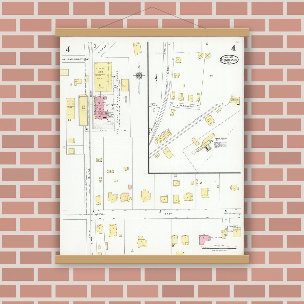 Old map wall art mockup — magnetic wood frame on brick wall — Sanborn Fire Insurance Map from Henderson, Rusk County, Texas (1927), Sheet #0004