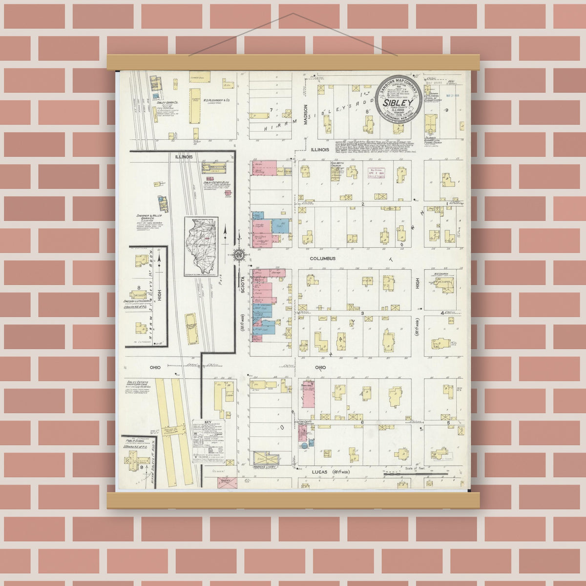 Old map wall art mockup — magnetic wood frame on brick wall — Sanborn Fire Insurance Map from Sibley, Ford County, Illinois (1914), Sheet #0001