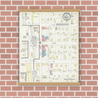 Old map wall art mockup — magnetic wood frame on brick wall — Sanborn Fire Insurance Map from Sibley, Ford County, Illinois (1914), Sheet #0001