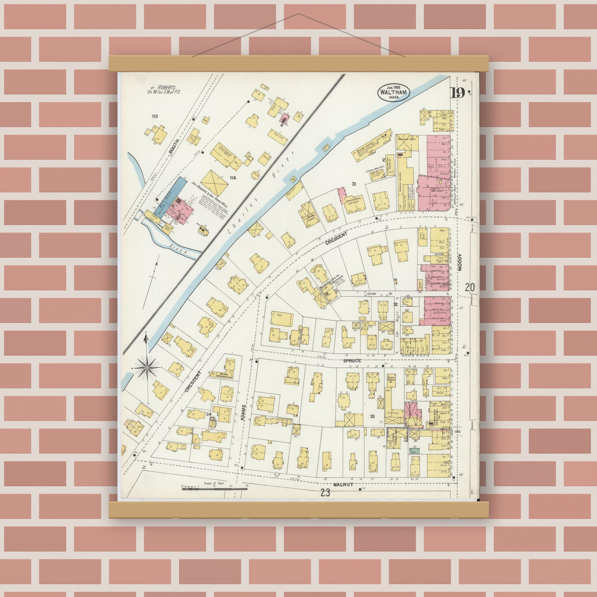 Old map wall art mockup — magnetic wood frame on brick wall — Sanborn Fire Insurance Map from Waltham, Middlesex County, Massachusetts (1903), Sheet #0019