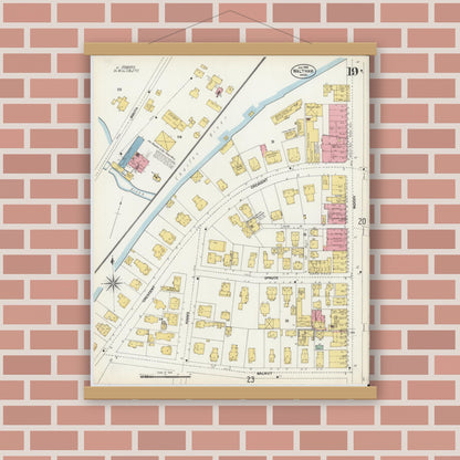 Old map wall art mockup — magnetic wood frame on brick wall — Sanborn Fire Insurance Map from Waltham, Middlesex County, Massachusetts (1903), Sheet #0019