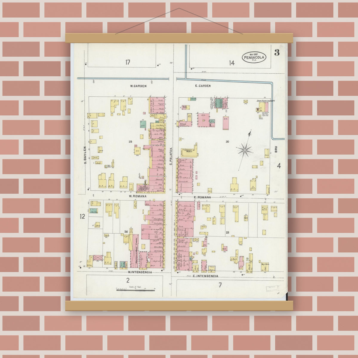 Old map wall art mockup — magnetic wood frame on brick wall — Sanborn Fire Insurance Map from Pensacola, Escambia County, Florida (1897), Sheet #0003