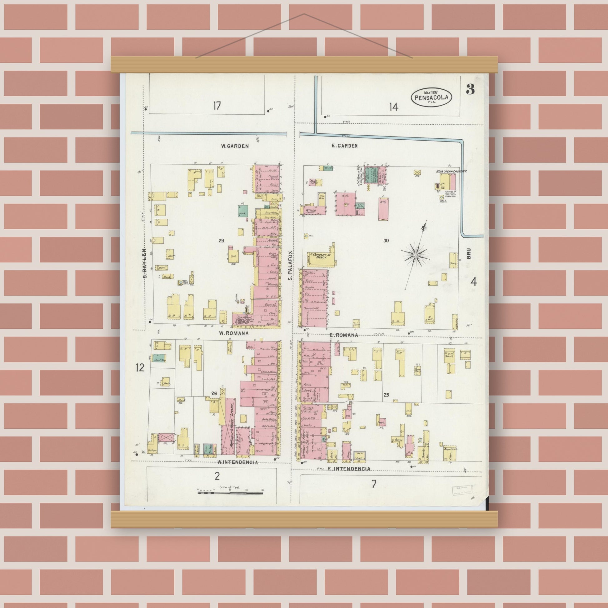 Old map wall art mockup — magnetic wood frame on brick wall — Sanborn Fire Insurance Map from Pensacola, Escambia County, Florida (1897), Sheet #0003