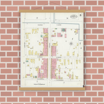Old map wall art mockup — magnetic wood frame on brick wall — Sanborn Fire Insurance Map from Pensacola, Escambia County, Florida (1897), Sheet #0003