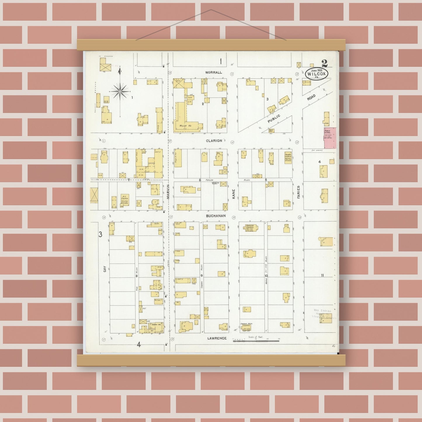 Old map wall art mockup — magnetic wood frame on brick wall — Sanborn Fire Insurance Map from Wilcox, Elk County, Pennsylvania (1905), Sheet #0002