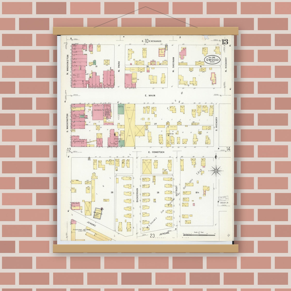 Old map wall art mockup — magnetic wood frame on brick wall — Sanborn Fire Insurance Map from Owosso, Shiawassee County, Michigan (1908), Sheet #0013